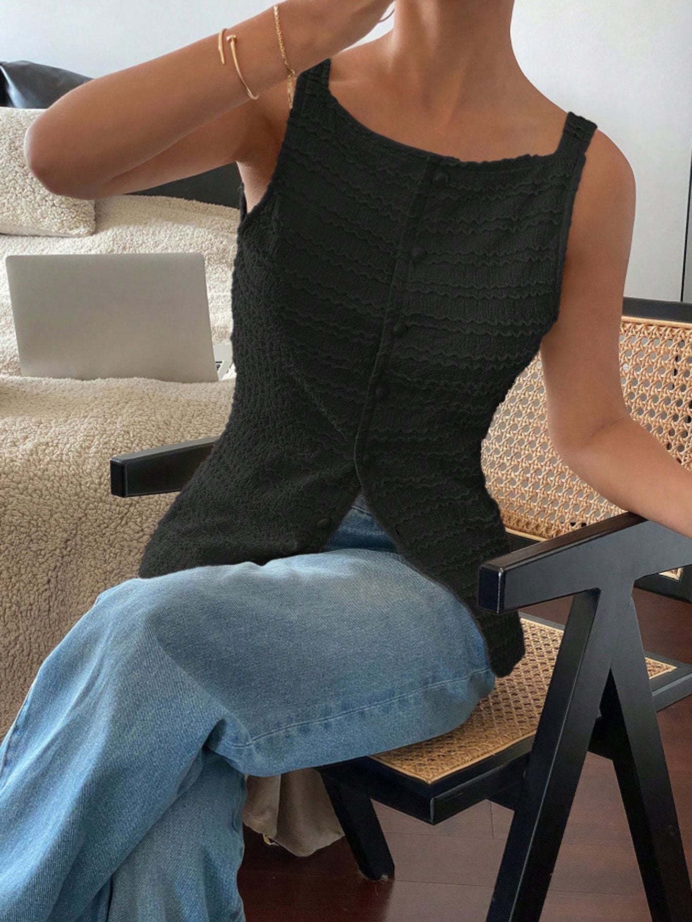 Textured Button-Front Tank