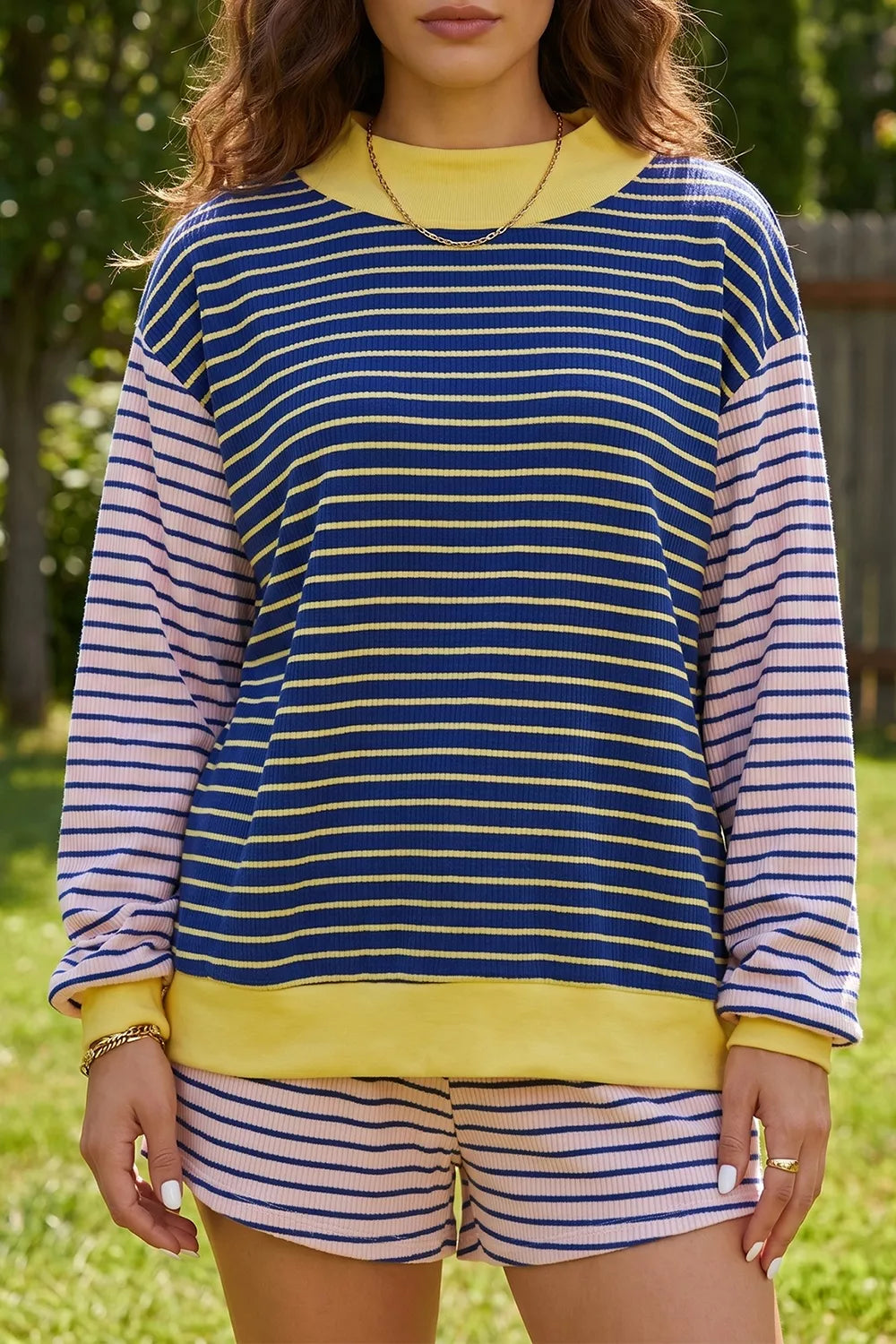 Stripe Color Block Long Sleeve Pullover Ribbed Knit Casual Shorts Set