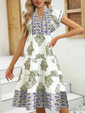 Printed Notched Ruffled Cap Sleeve Dress