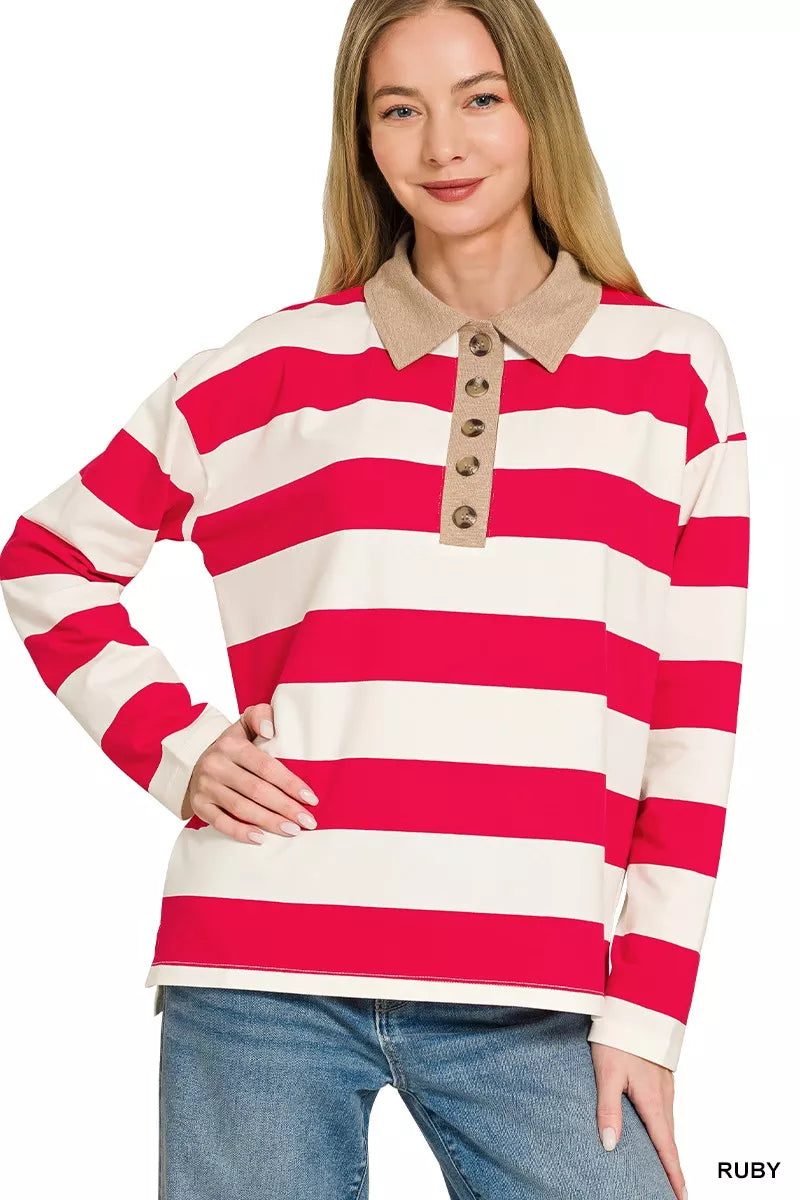 Zenana Striped Contrast Collar Polo Top
