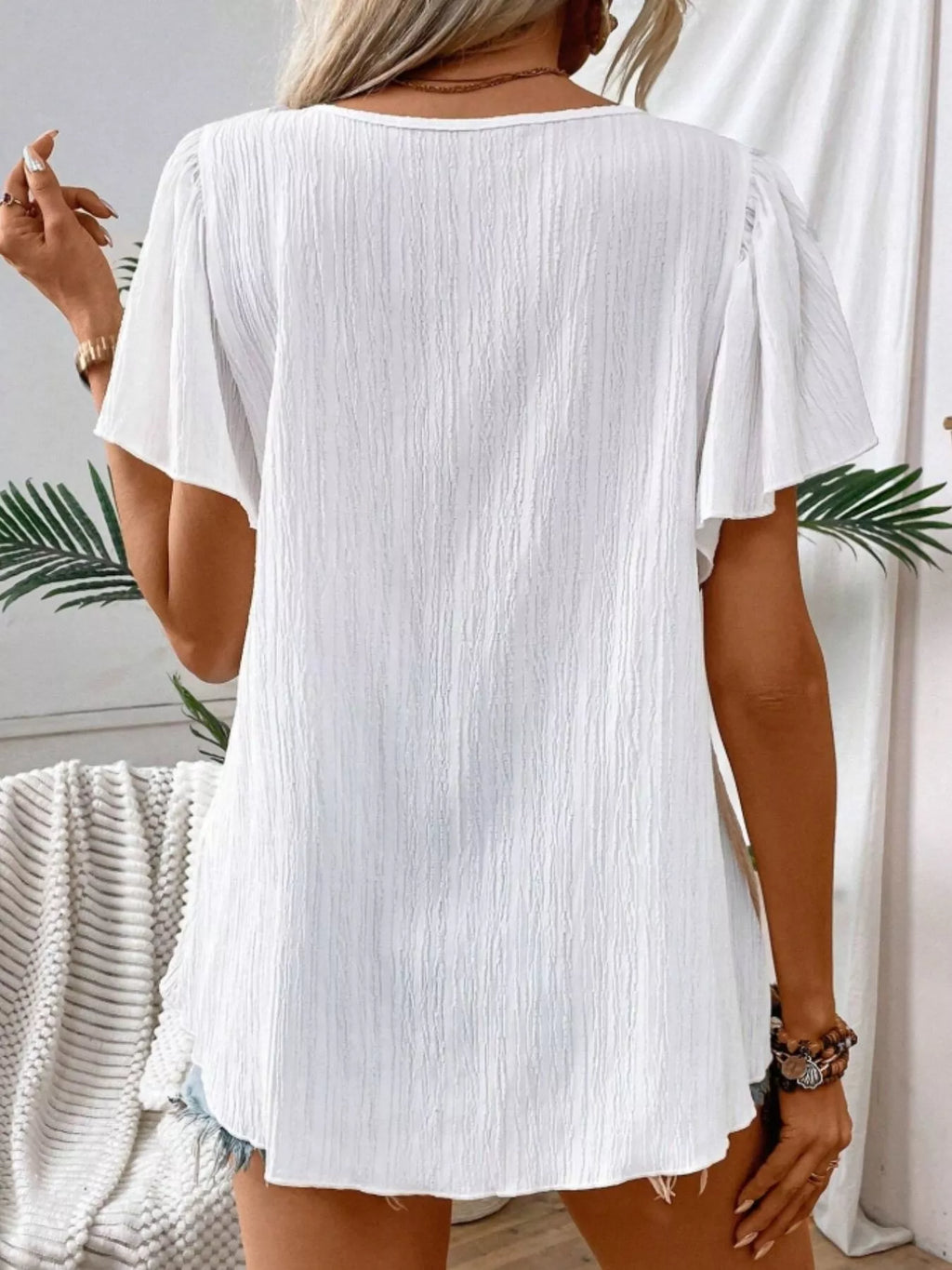 Embroidered Square Neck Flutter Sleeve Blouse