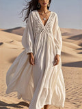 Crochet Trimmed V-Neck Midi Dress