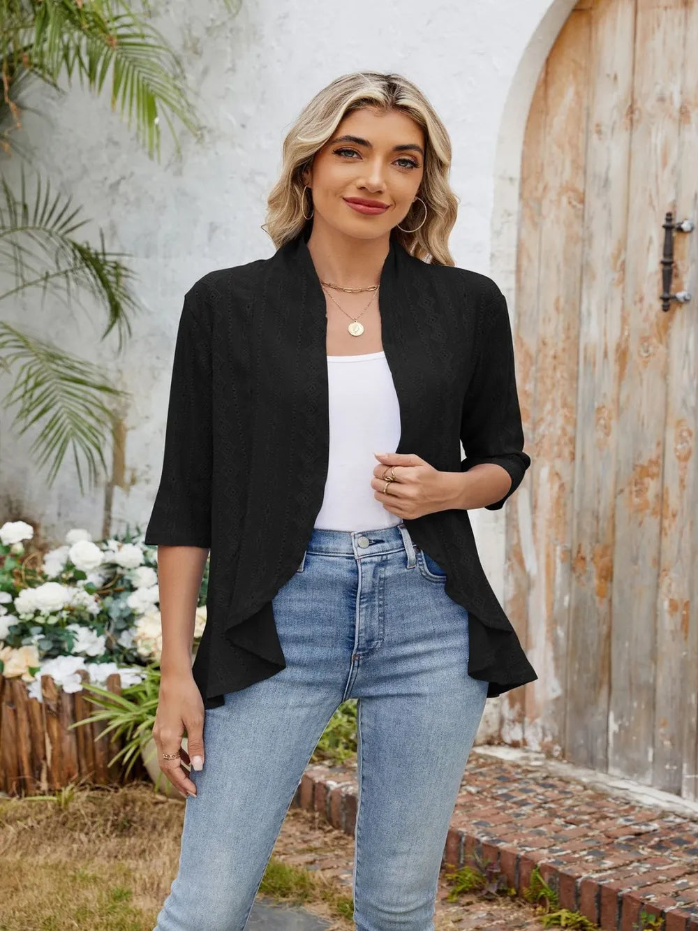 Eyelet Open Front Three-Quarter Sleeve Top