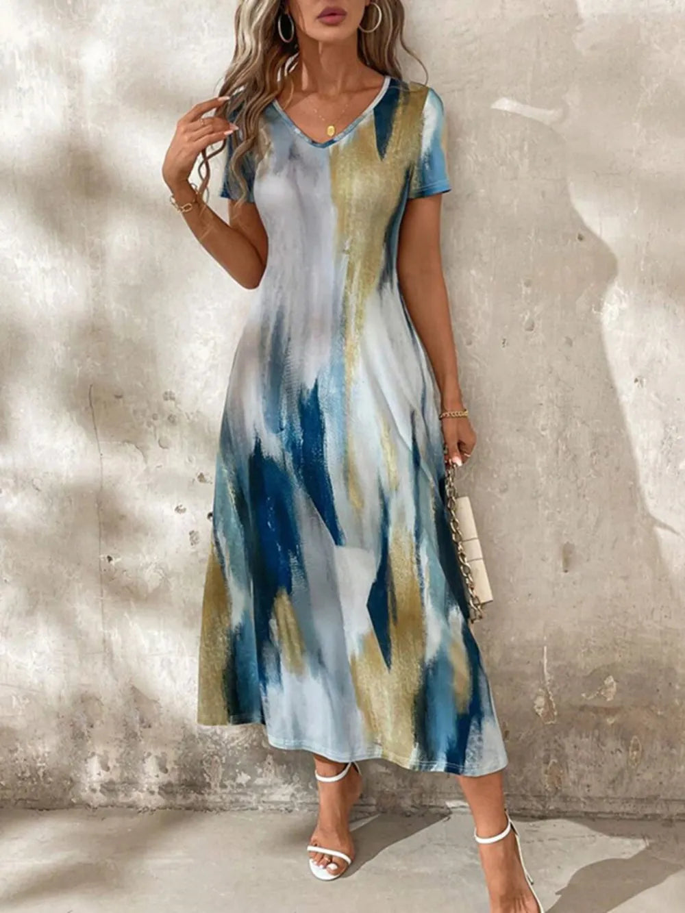 Tie-Dye V-Neck Short Sleeve Midi Tee Dress