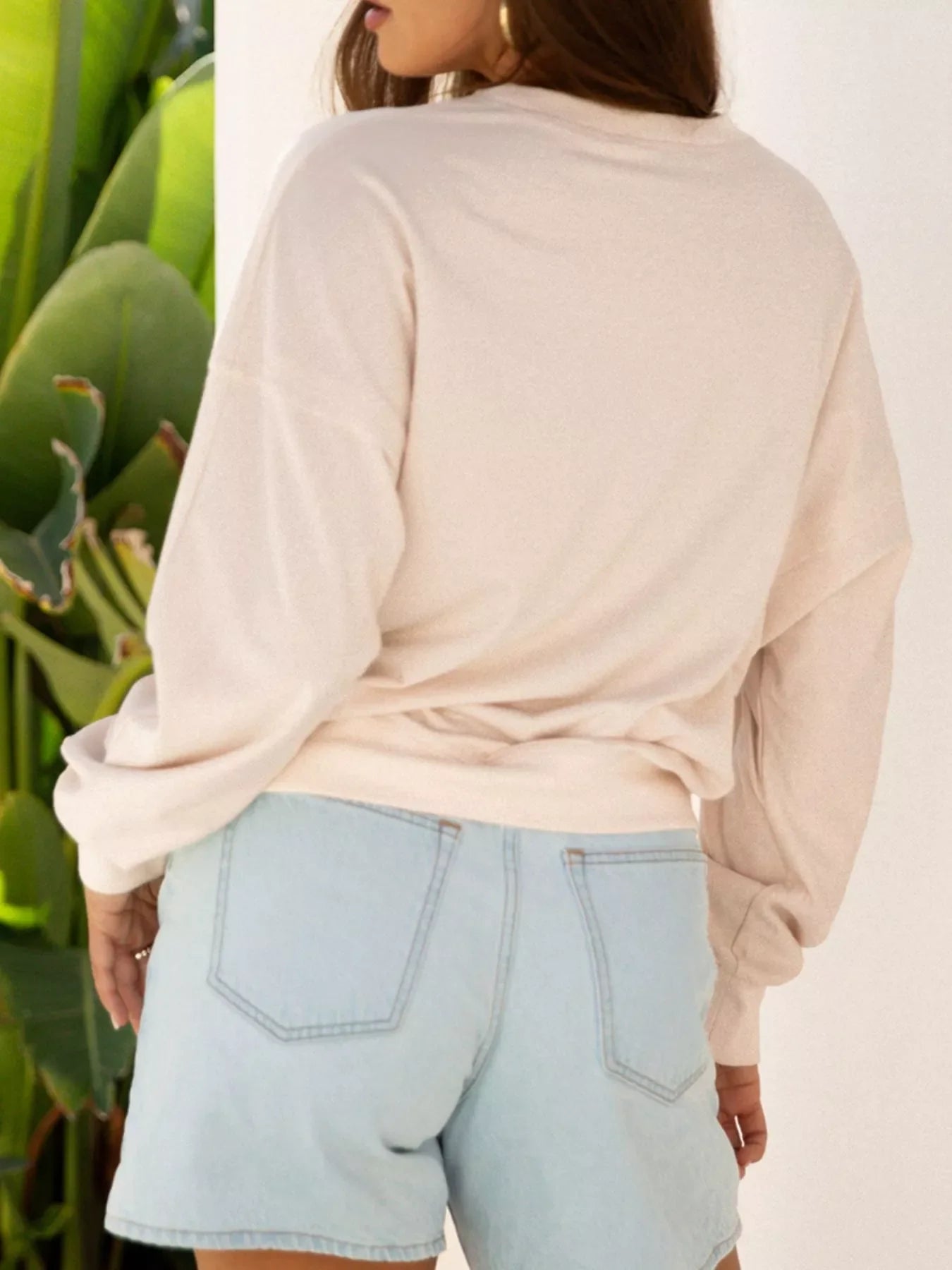 Raw Edge Flower Patch Drop Shoulder Casual Top