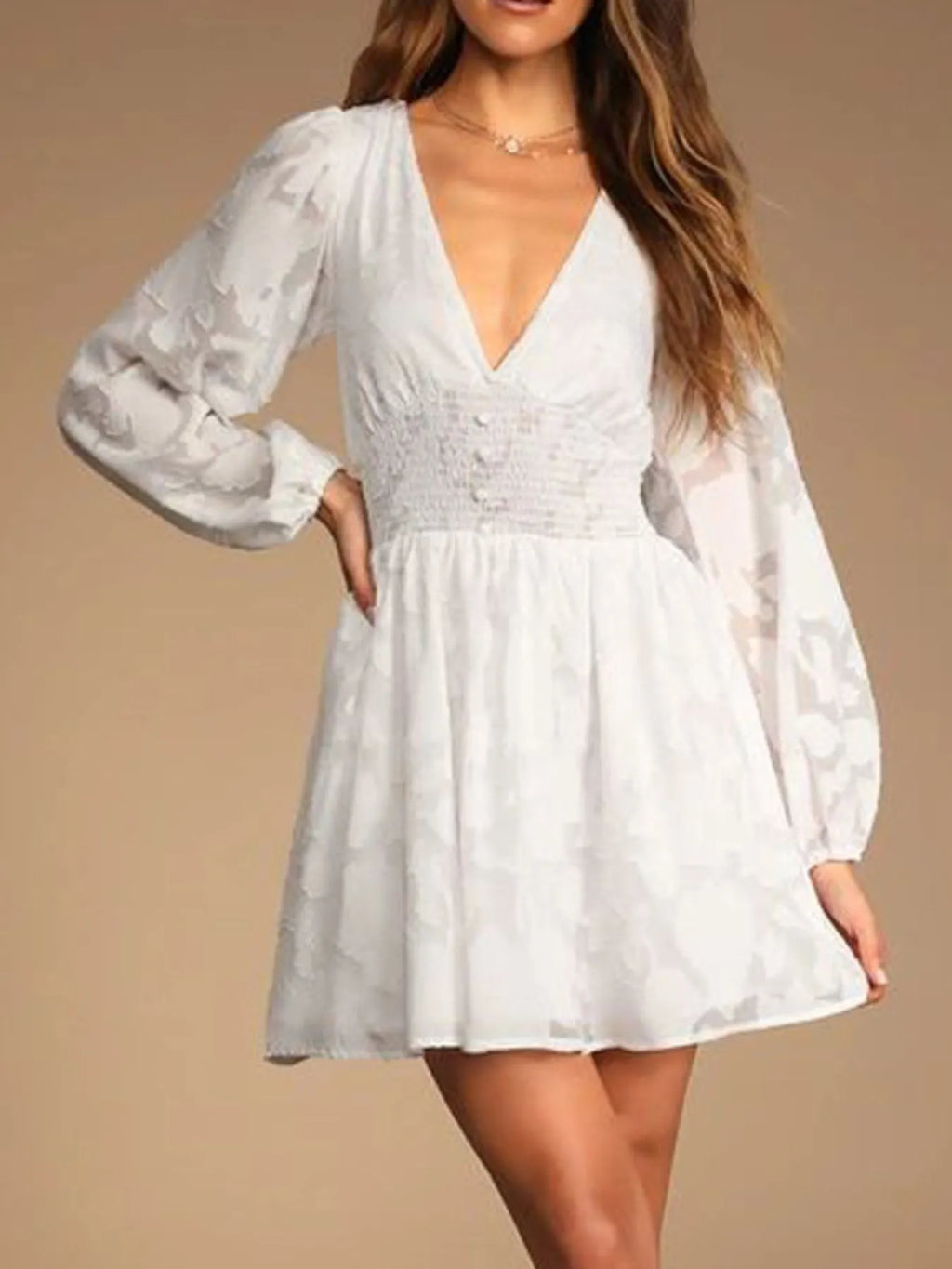Smocked V-Neck Balloon Sleeve Dress