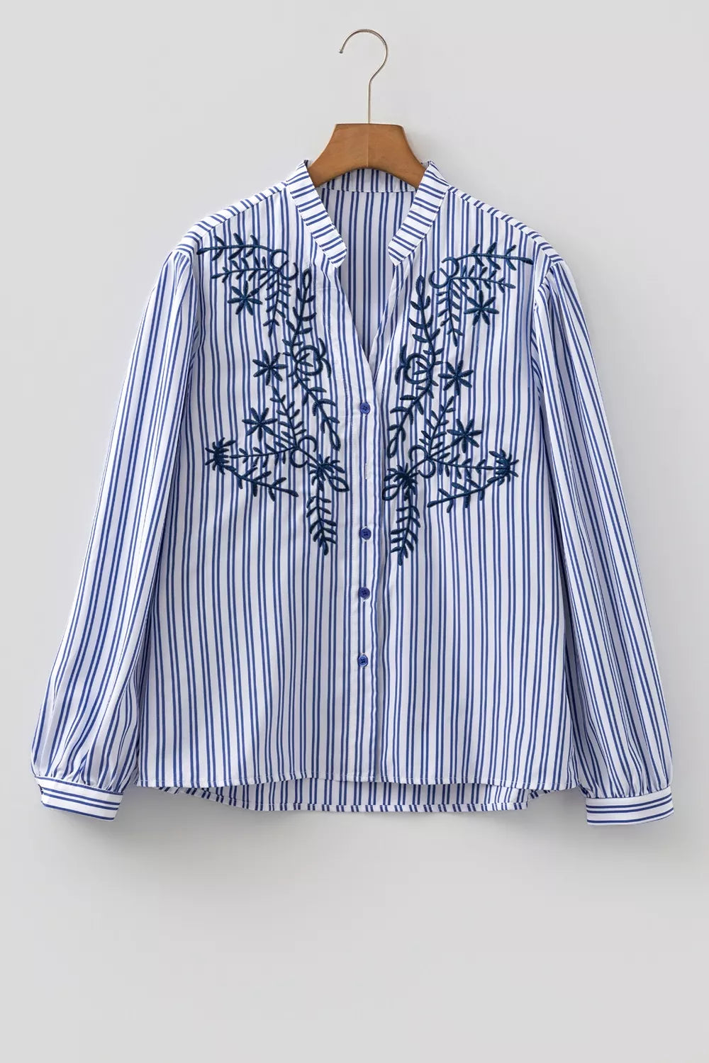 Stripe Embroidered Detail Button Front Long Sleeve Shirt