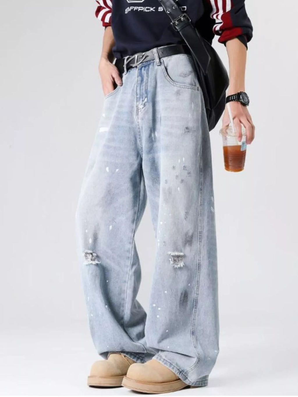 Men's Full Size Distressed Wide Leg Jeans Plus Size