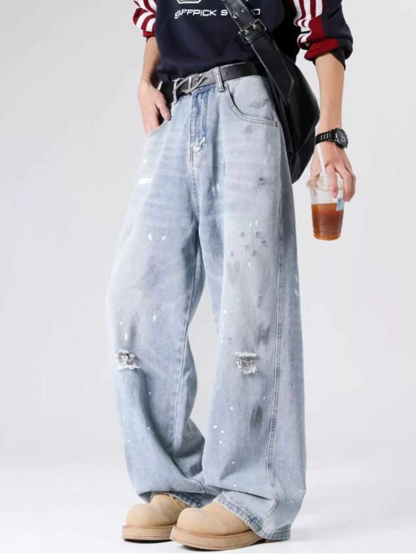 Men's Full Size Distressed Wide Leg Jeans Plus Size