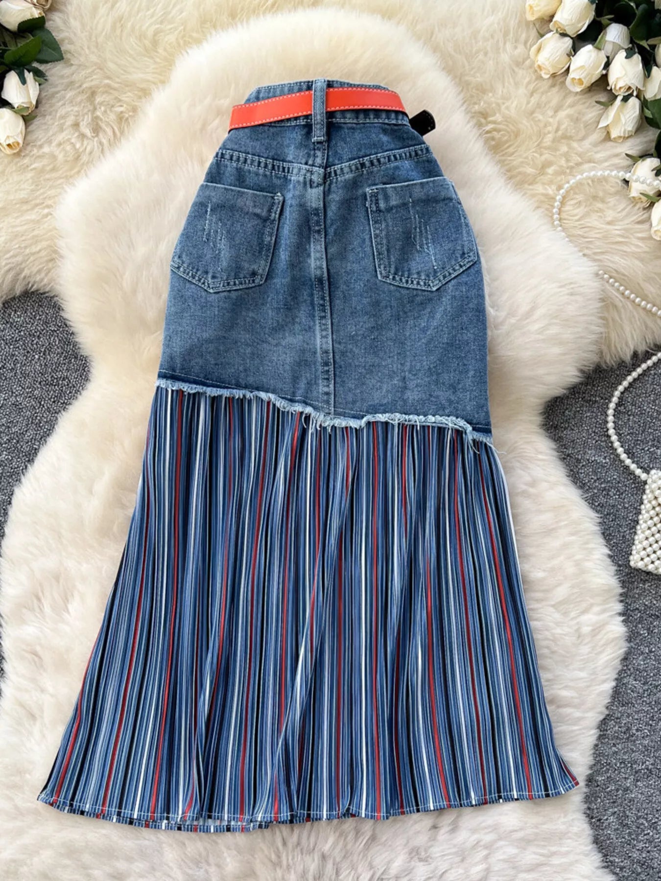 Full Size Striped Patchwork Denim Skirt Plus Size