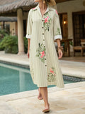 Plus Size Floral Striped Button-Down Midi Shirt Dress