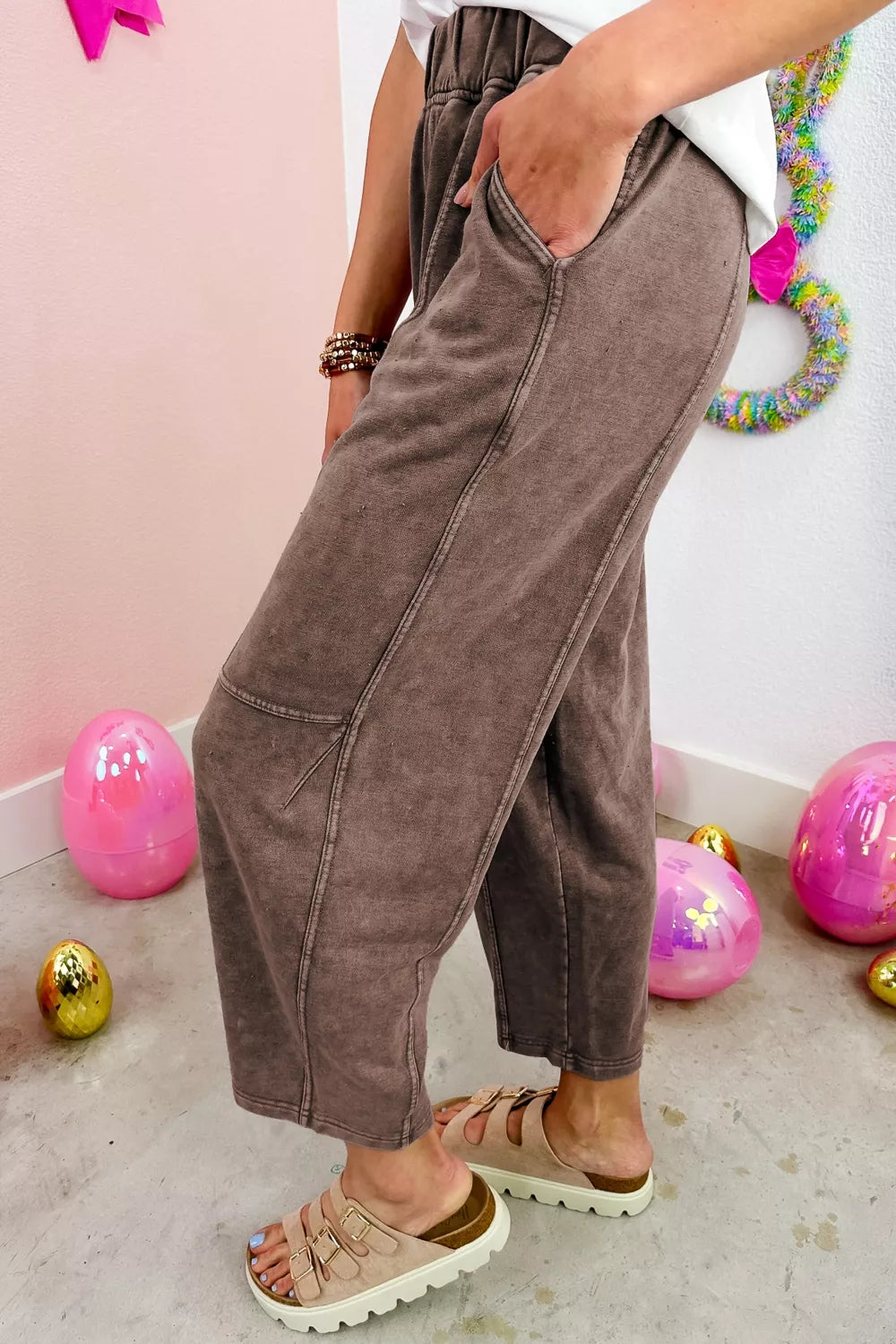 Mineral Wash Seam Detail Elastic Waist Barrel Pants