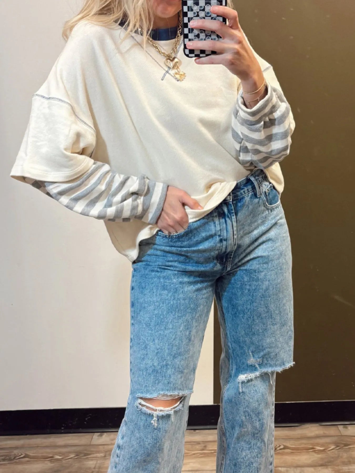 Striped Patchwork Long Sleeve Round Neck Two-in-one Top