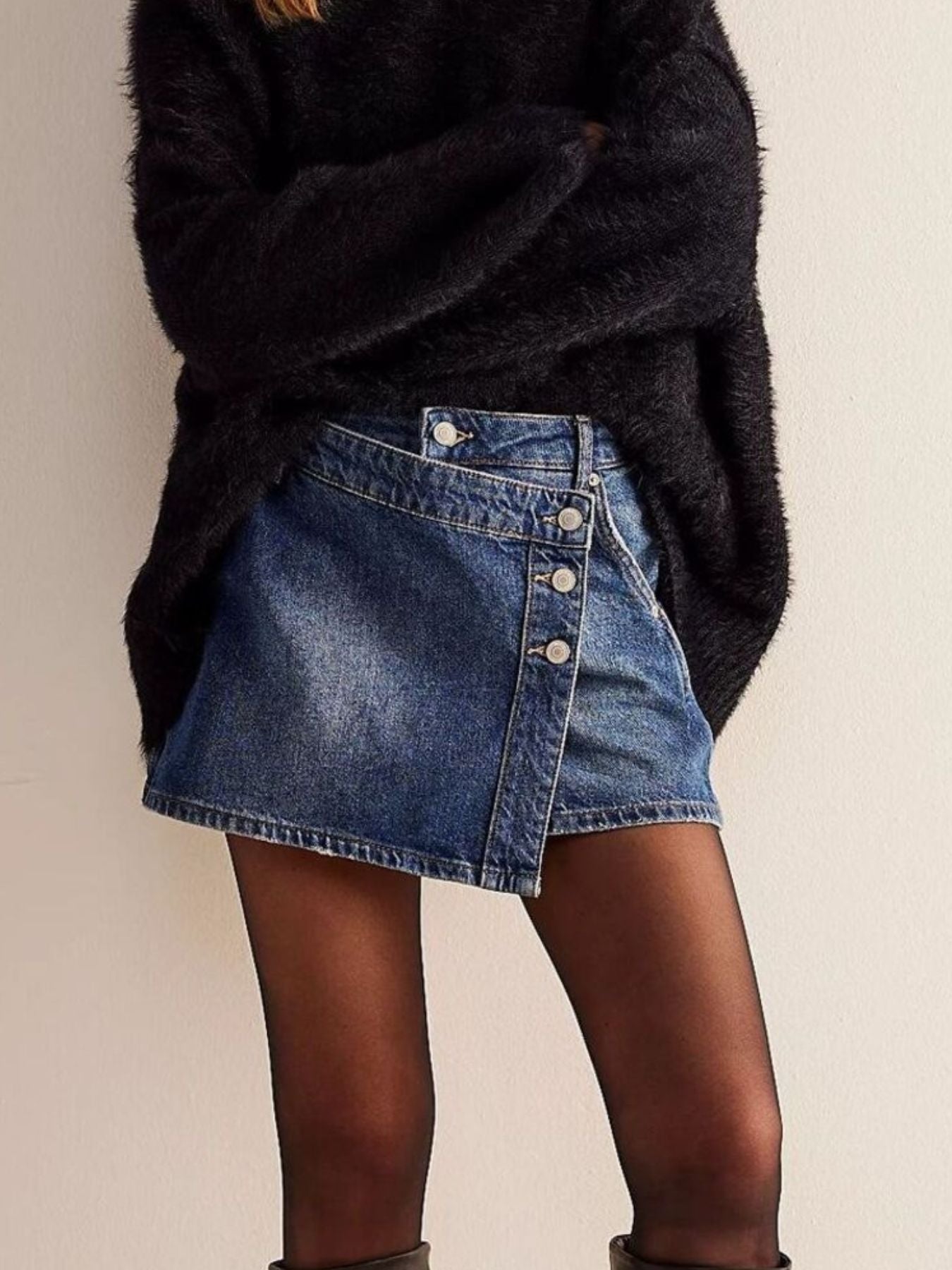 Asymmetrical Button-Front Denim Skort