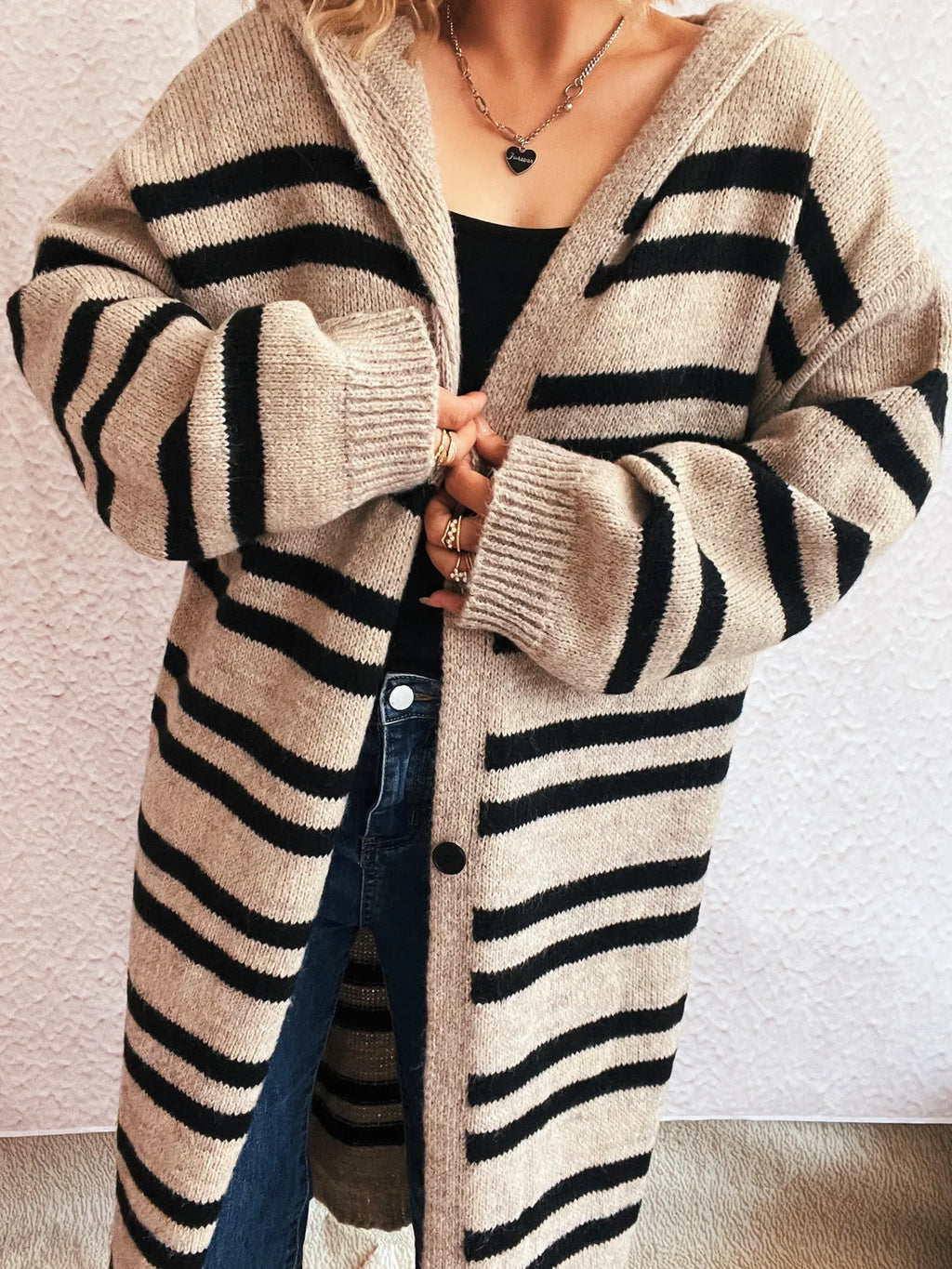 Striped Open Front Hooded Cardigan