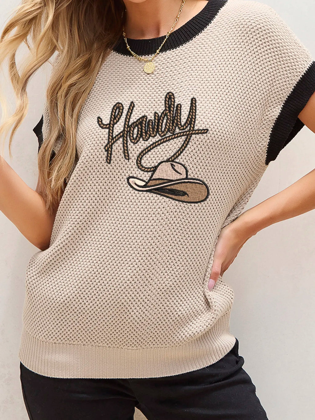 Howdy Cowboy Hat Embroidered Short Sleeve Sweater