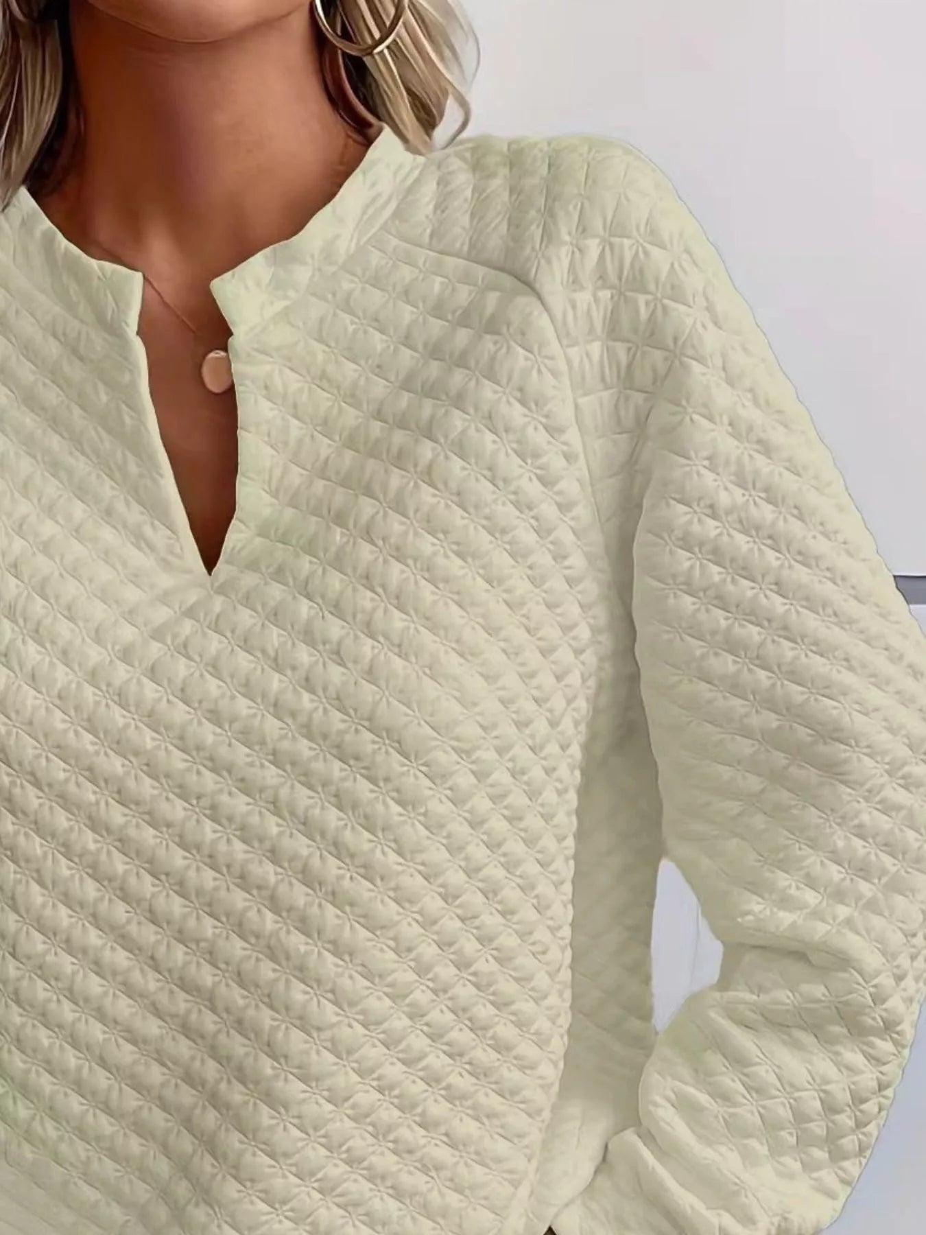 Quilted Texture Long Sleeve Sweatshirt with Notched Neck