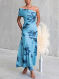 Floral Print One-Shoulder Ruched Maxi Dress