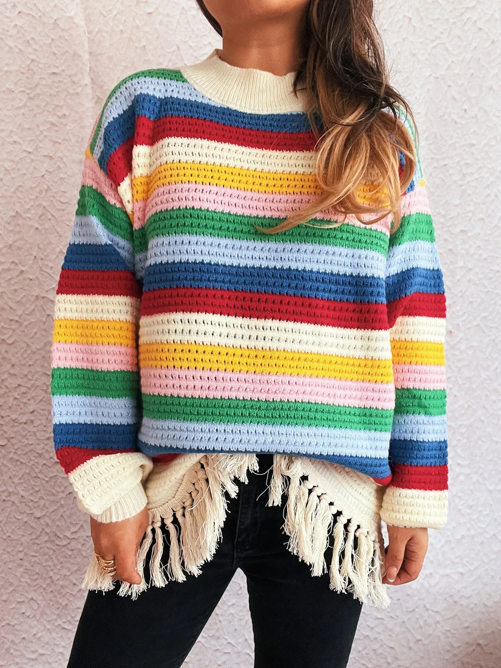 Tassel Rainbow Striped Long Sleeve Sweater