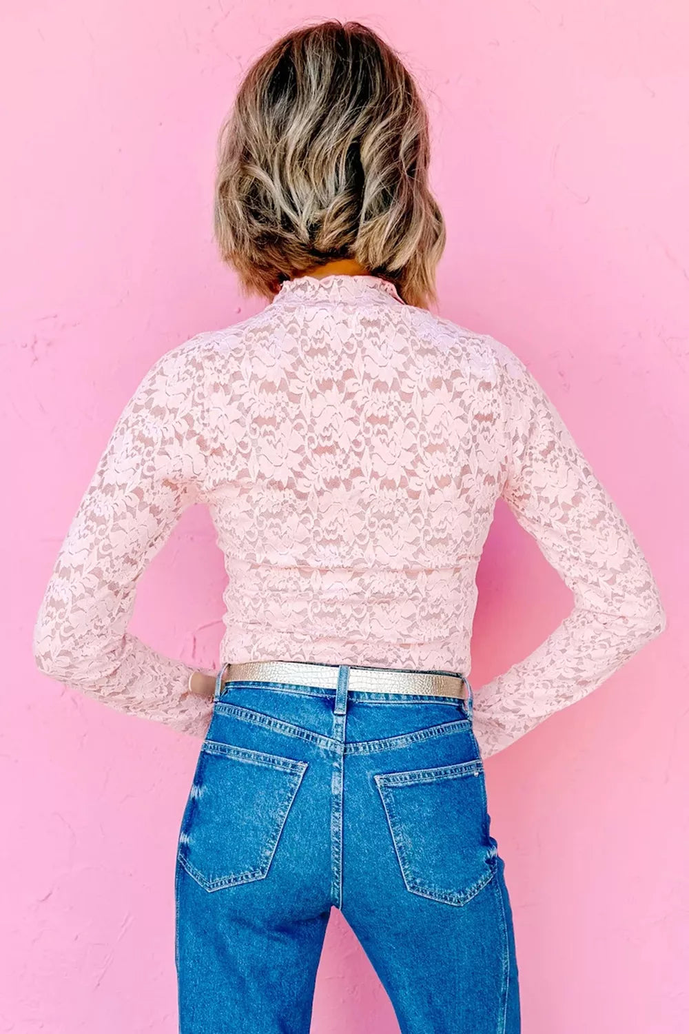 Floral Lace Long Sleeve Stand Neck Pullover Top