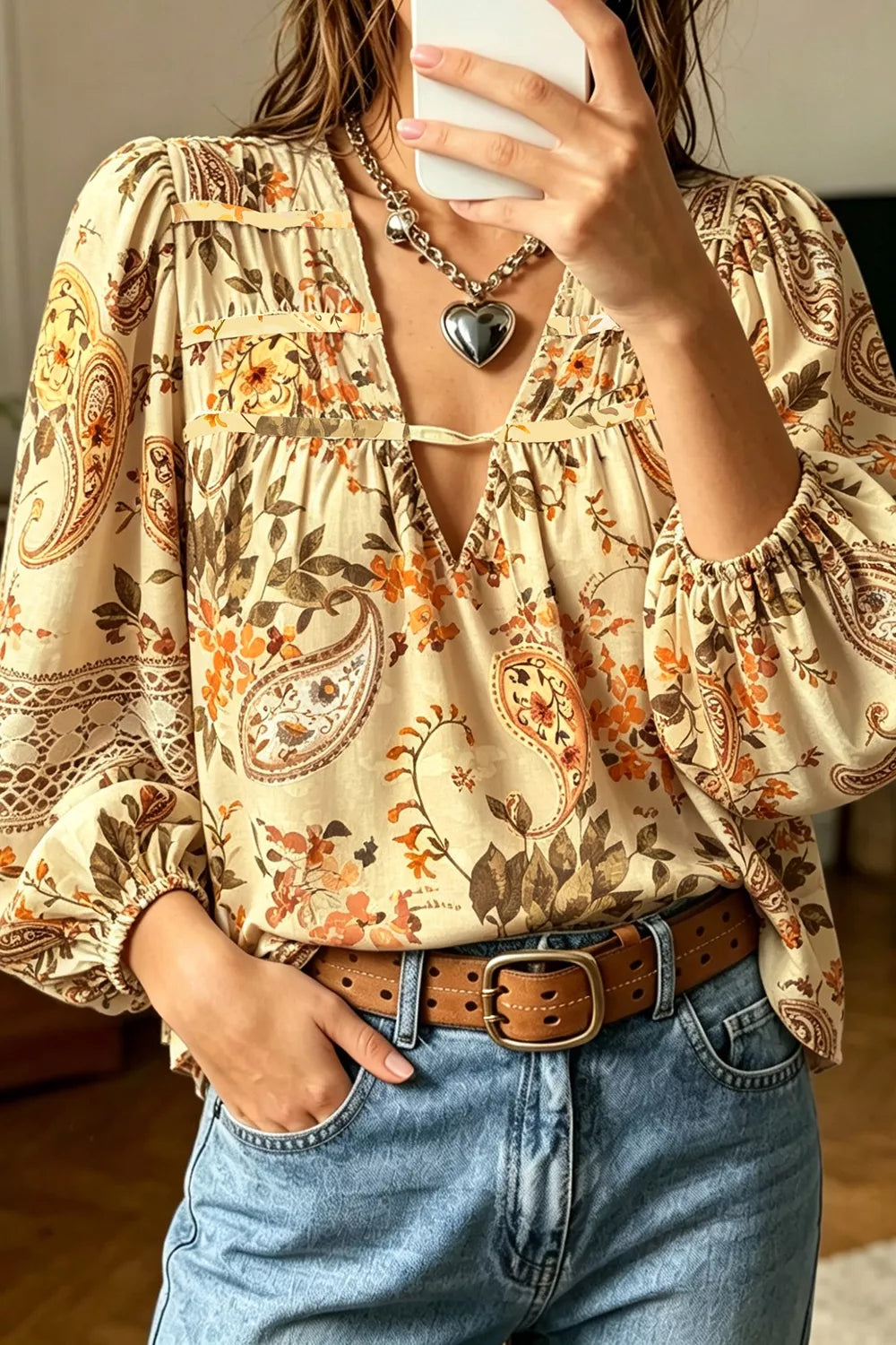Paisley Print Decorative Binding Tape V Neck Shift Blouse