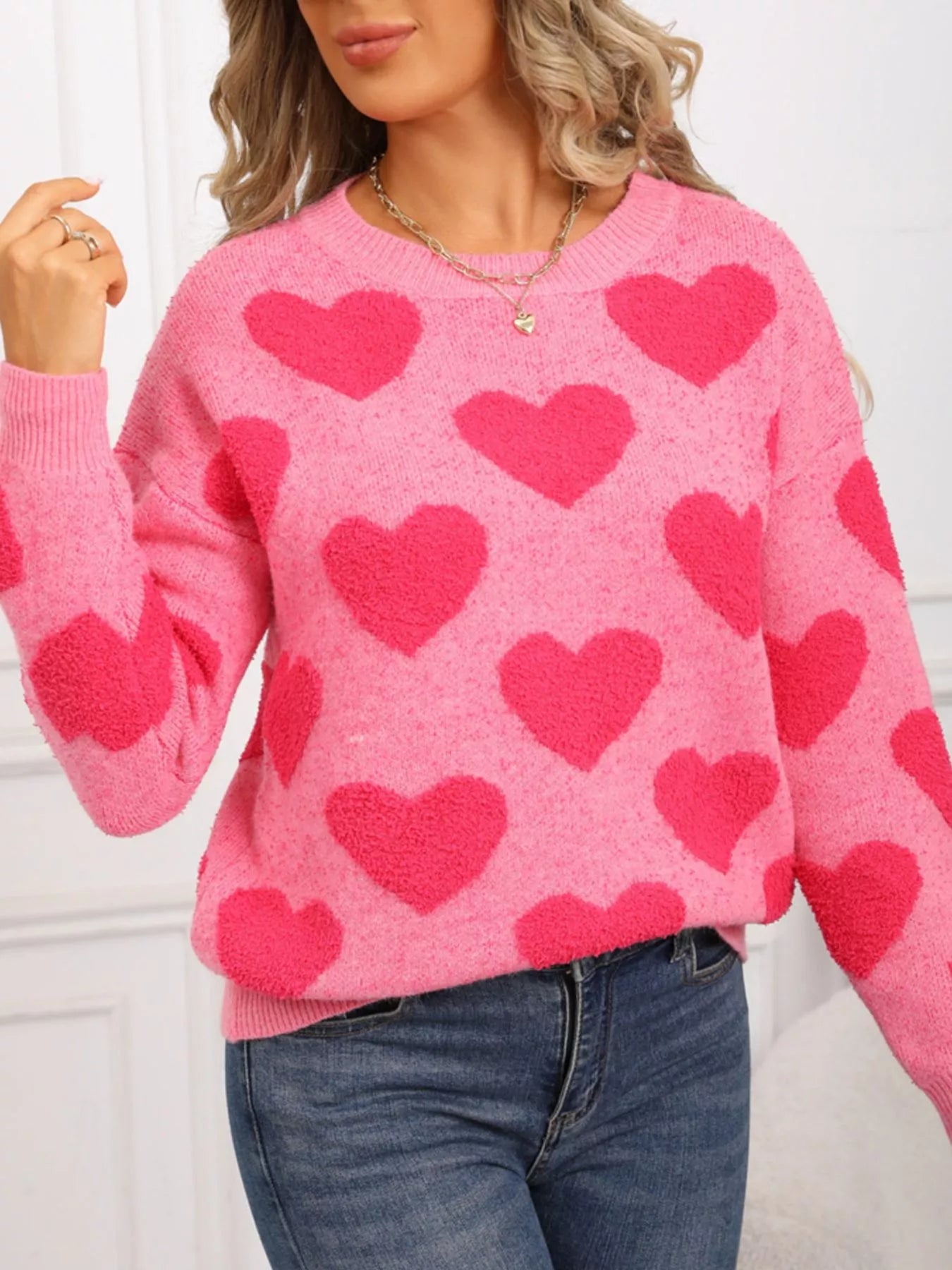 Valentine's Day Heart Pattern Round Neck Sweater