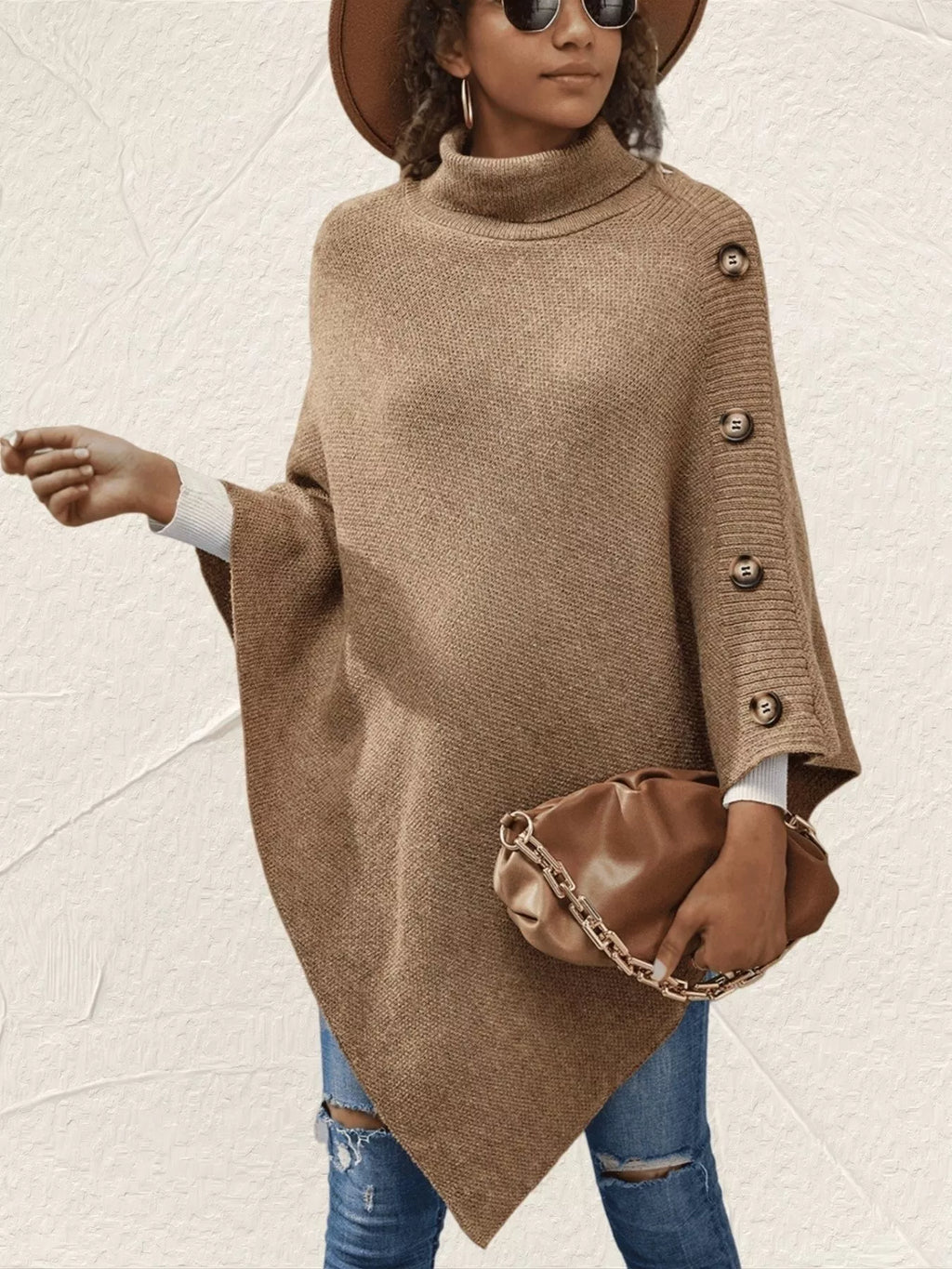 Button-Decor Turtleneck Poncho Pullover