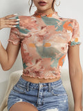 Abstract Print Ruffled Mock Neck Crop T-Shirt