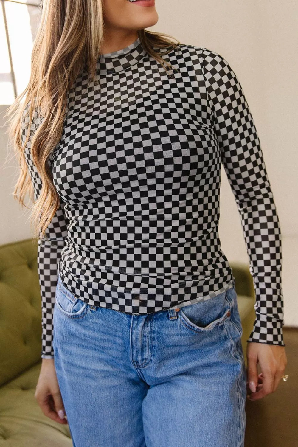 Plaid Stand Neck Long Sleeve Mesh Top