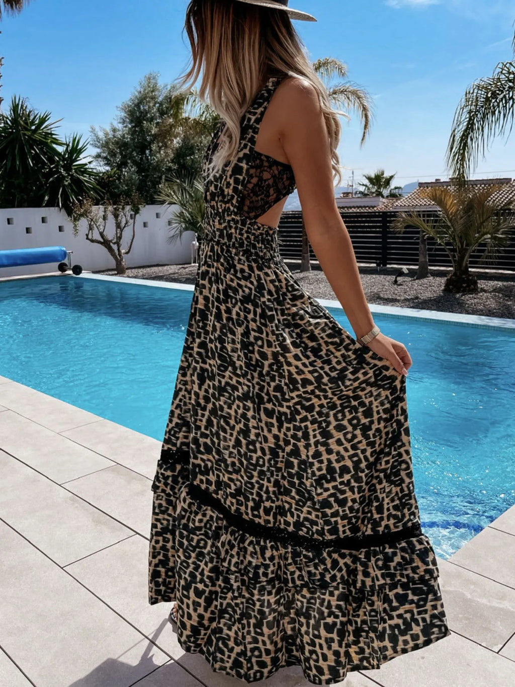 Leopard Print Sleeveless Maxi Dress with Lace Trim