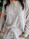 Spiral Ribbed Floral Print Long Sleeve Henley Top Drawstring Short Set
