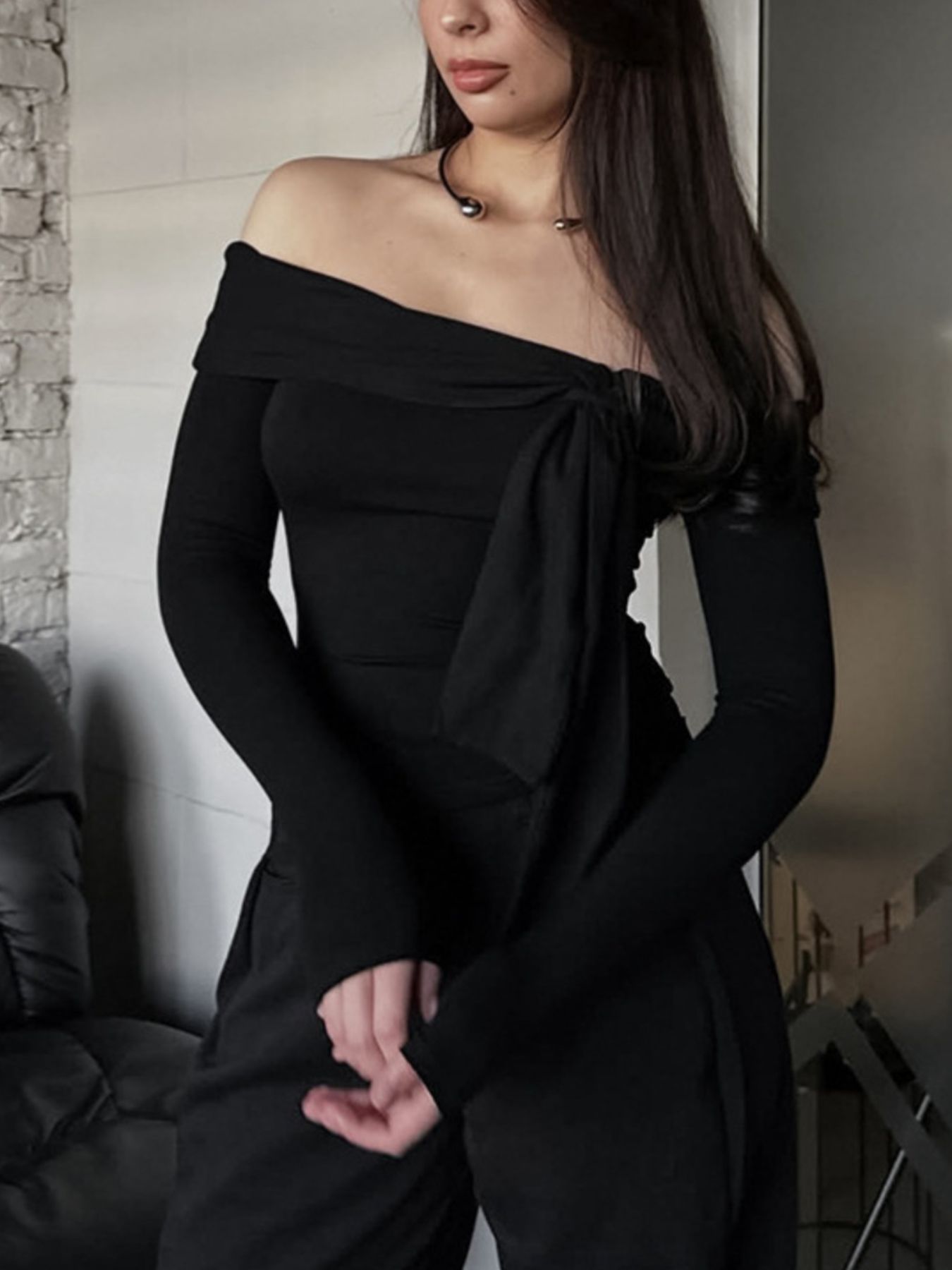 Off-Shoulder Tie-Front Long Sleeve Blouse