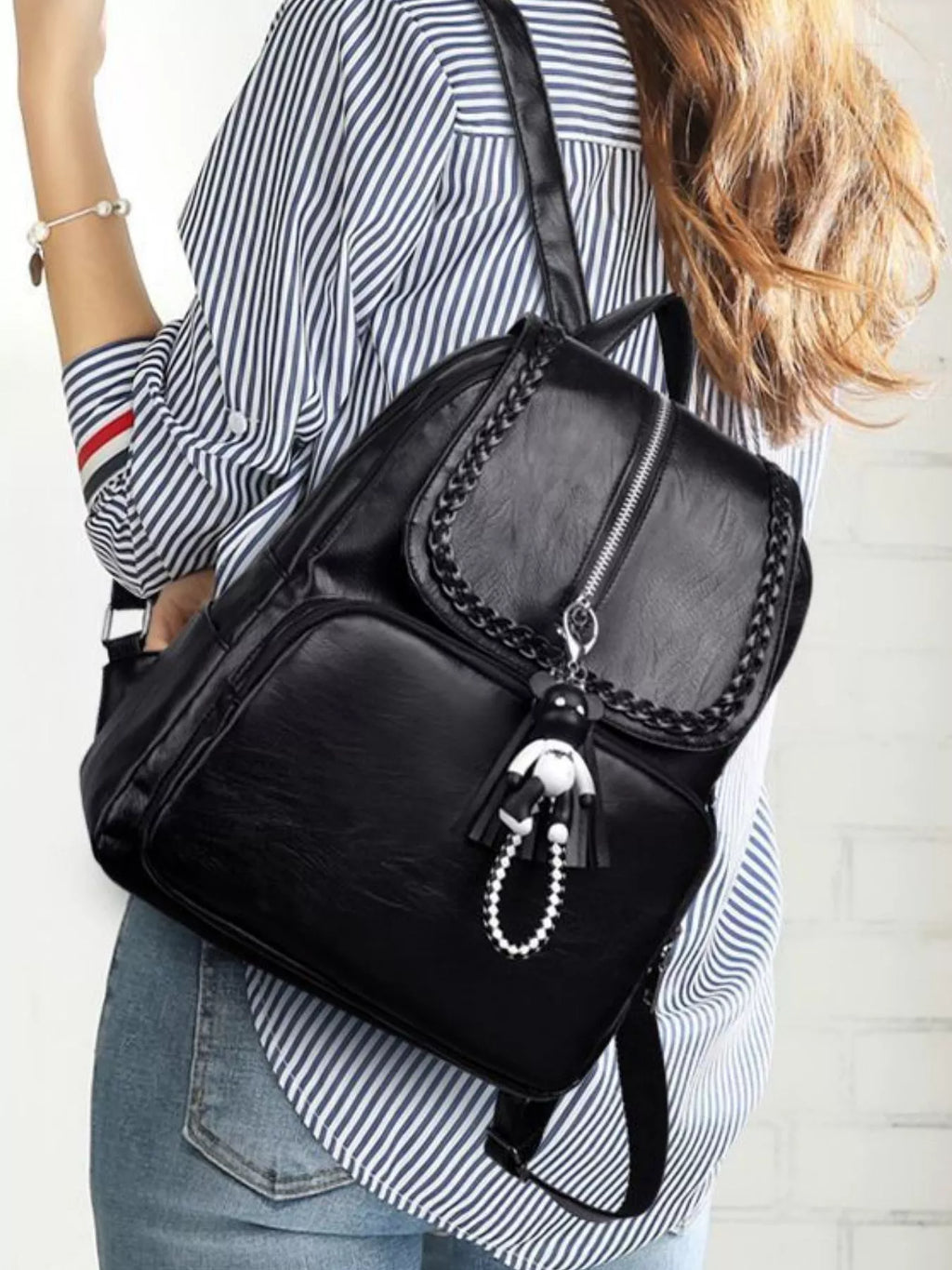 Braided Trim Leather Backpack Bag