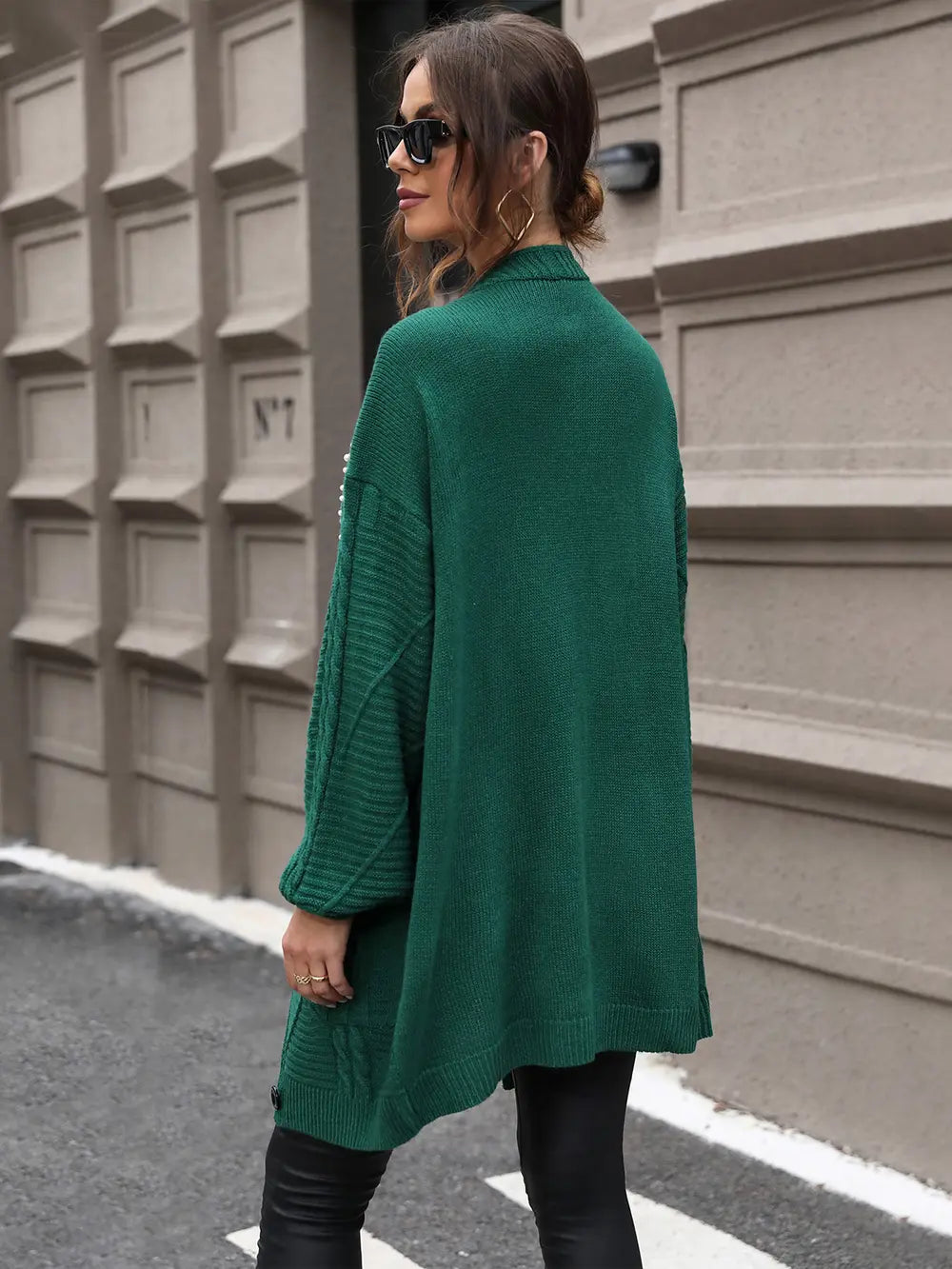 Perfee Pearl Detail Cable-Knit Button Up Cardigan