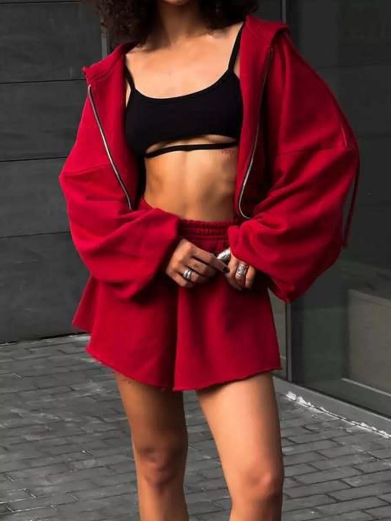 Zip Up Long Sleeve Outerwear and Shorts Set