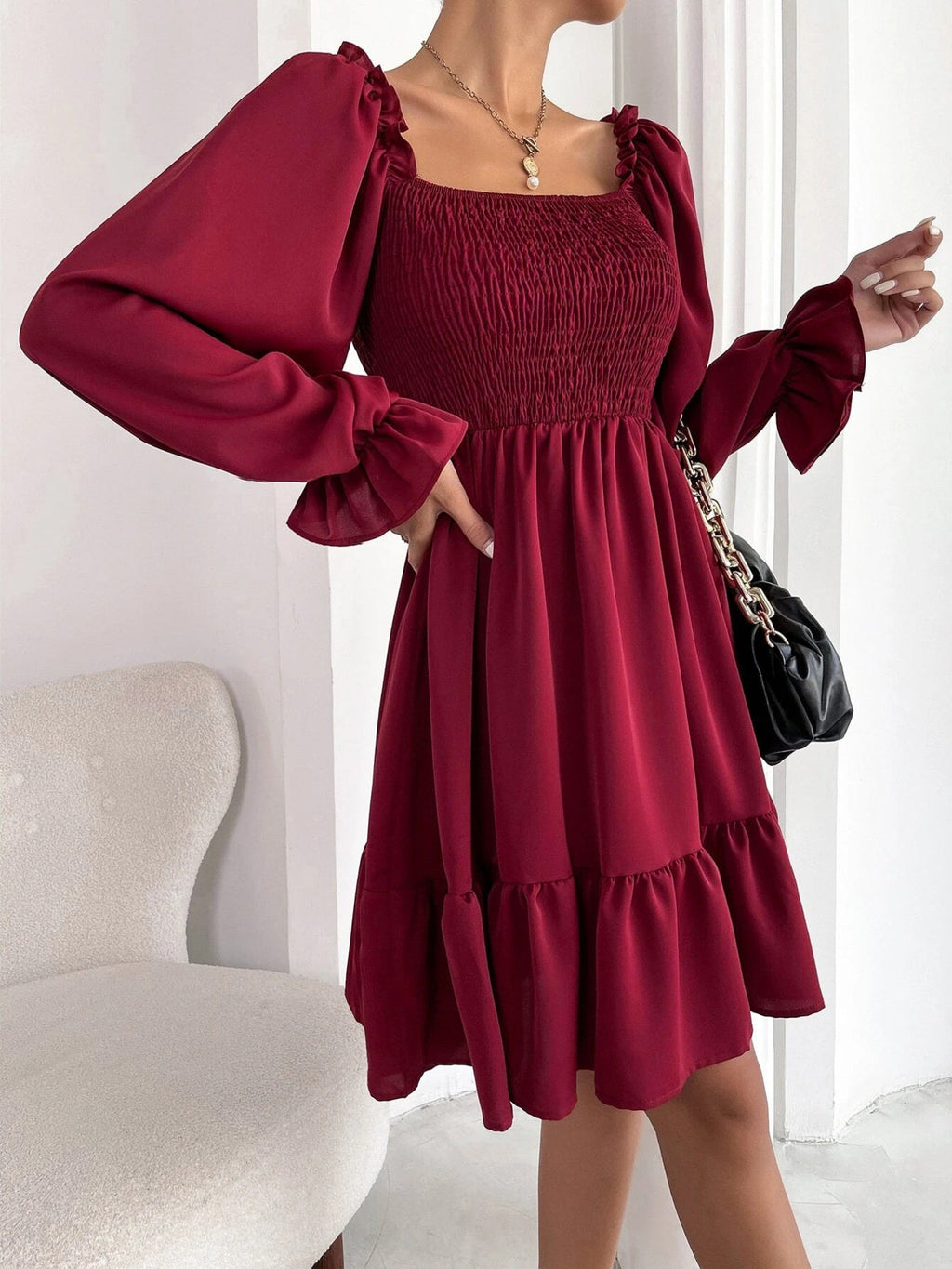 Smocked Flounce Sleeve Mini Dress