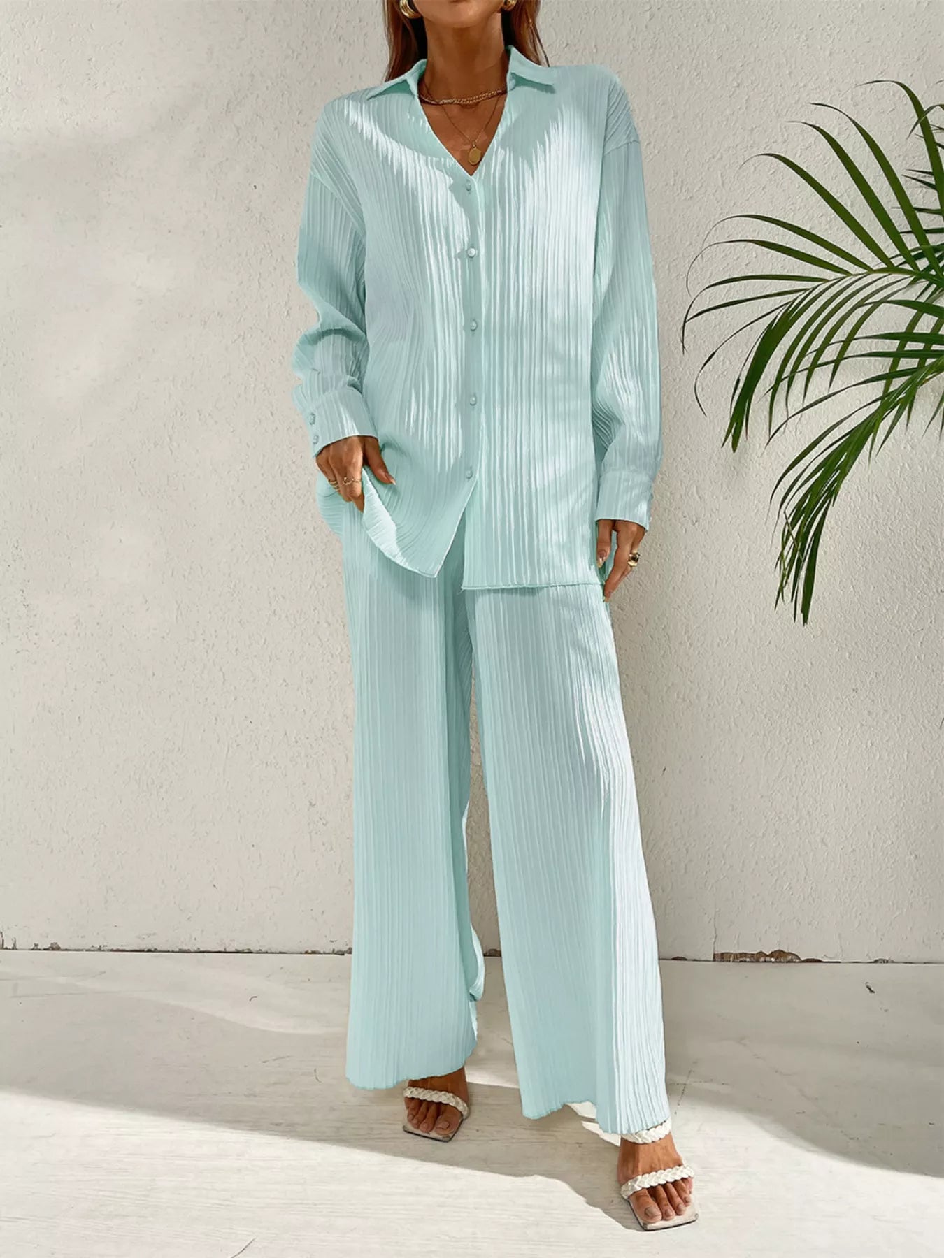 Long Sleeve Shirt & Wide Leg Pants Set