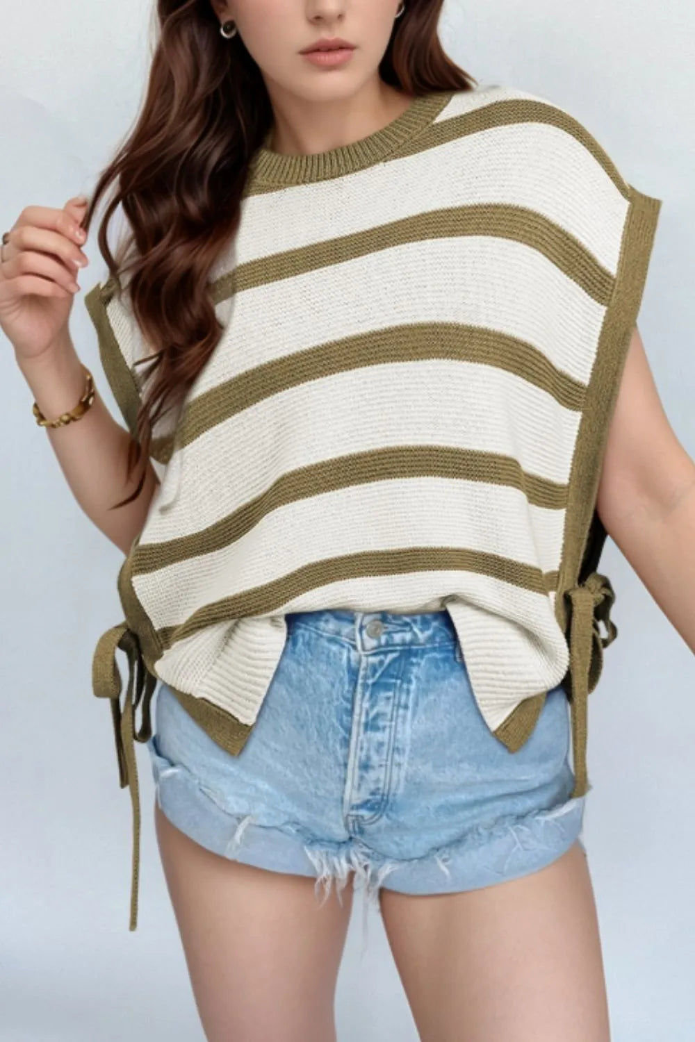 Stripe Tie Open Side Sweater Knitted Top