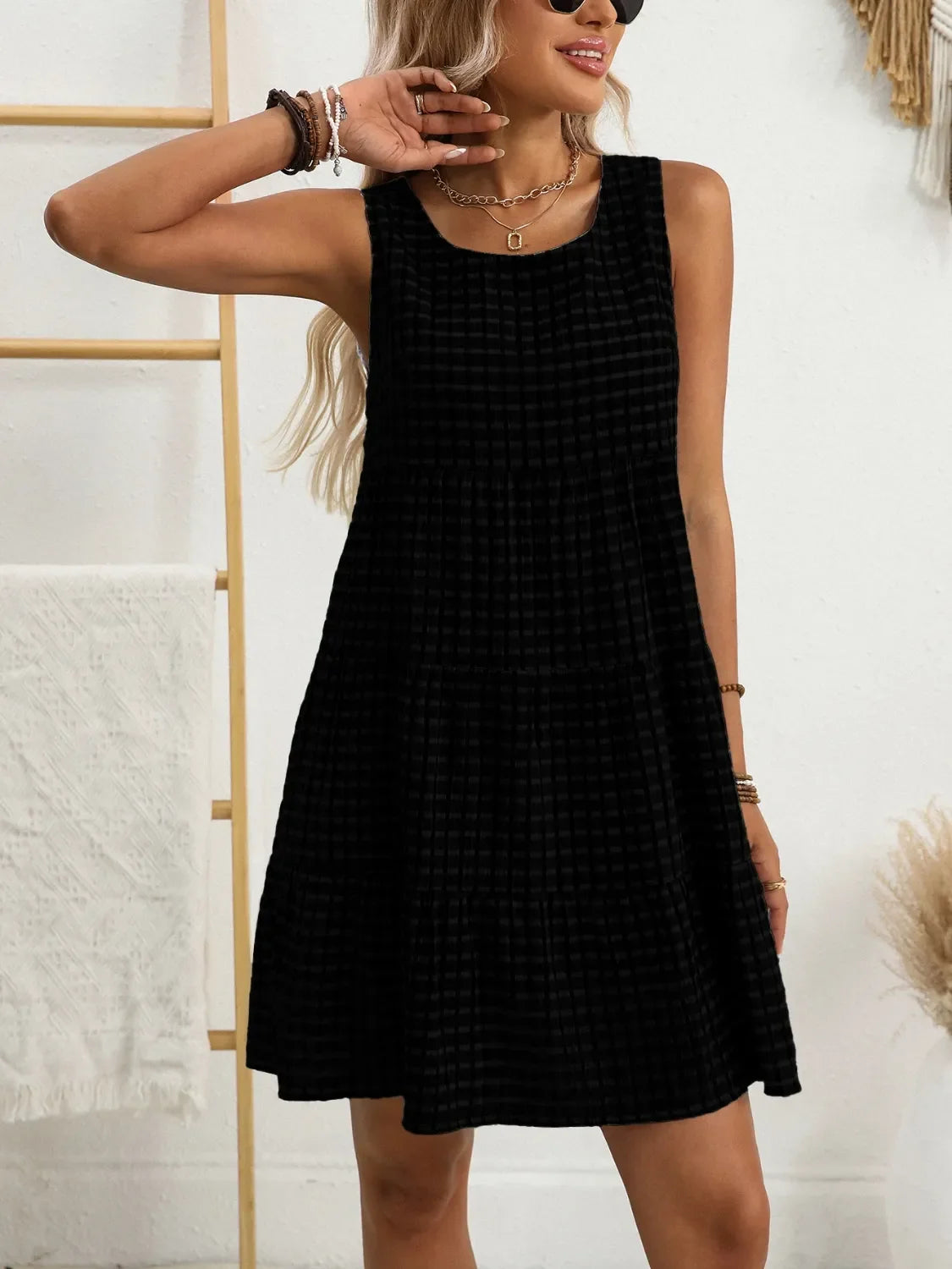 Plaid Round Neck Sleeveless Mini Dress