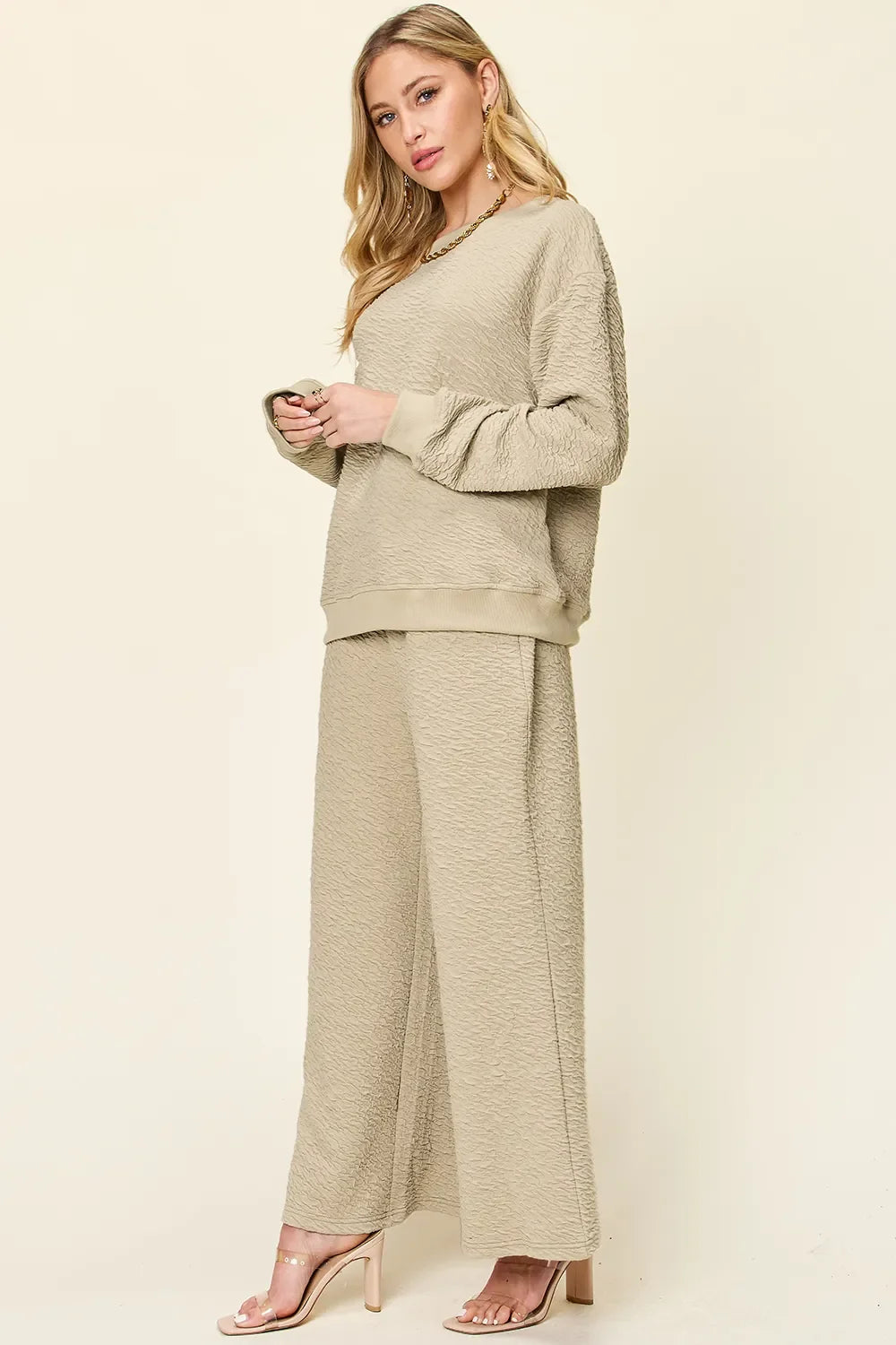 Double Take Full Size Texture Long Sleeve Top and Pants Set