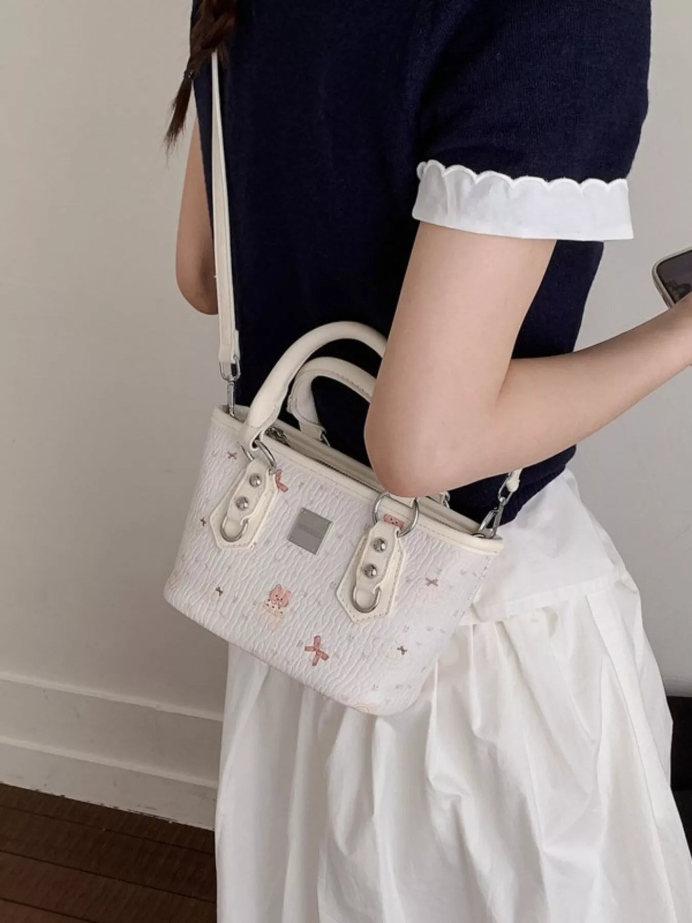 Plush Charm Patterned Crossbody Bag