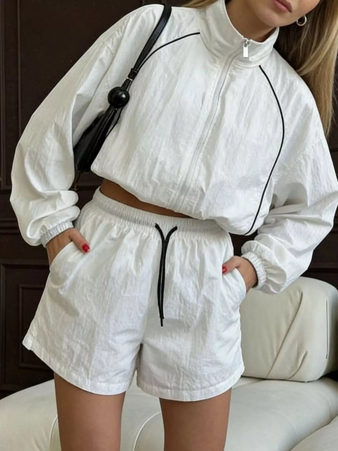 Zip Up Long Sleeve Outerwear and Shorts Set