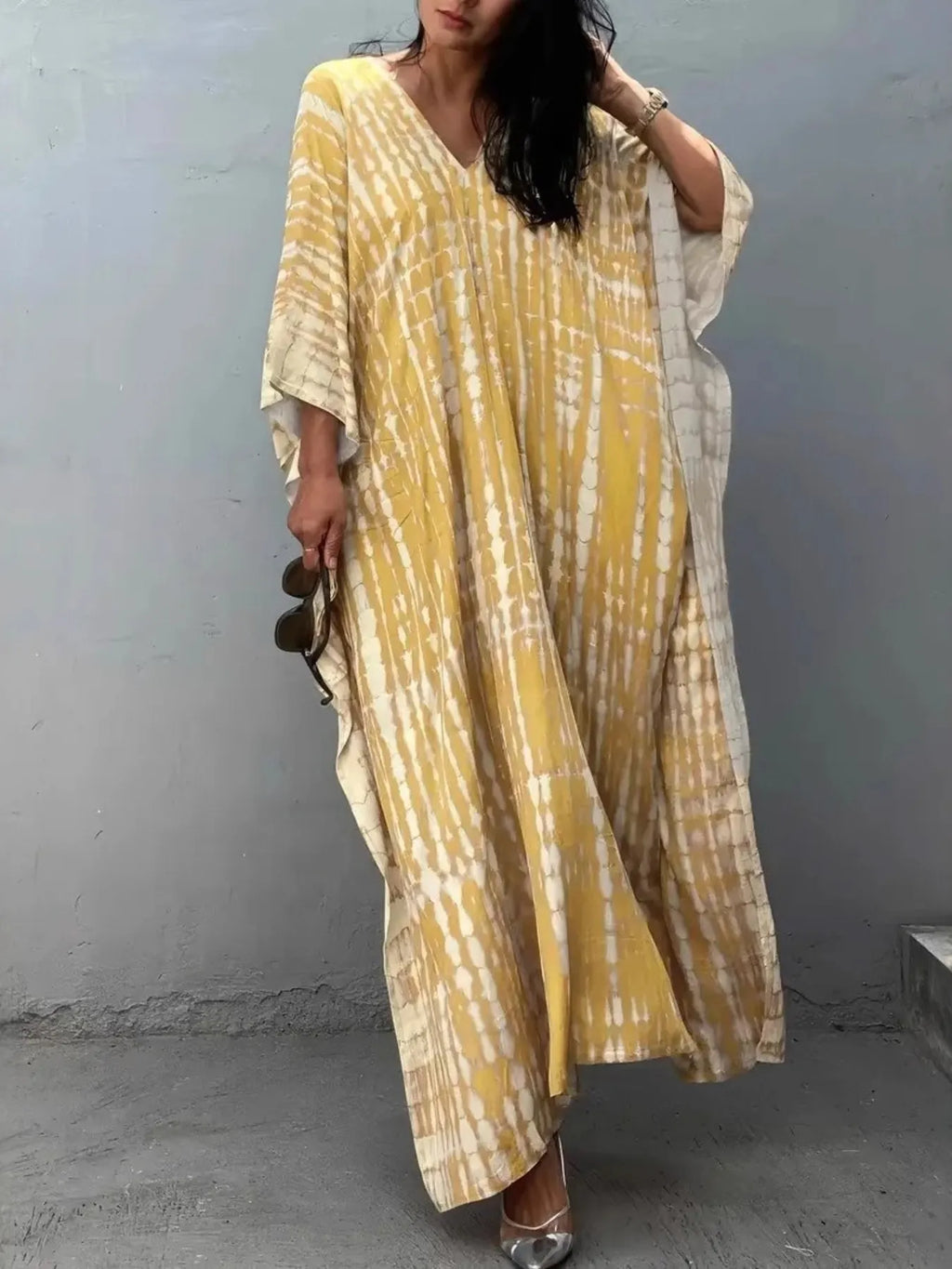 Tie-Dye V-Neck Maxi Dress with Flowy Sleeves