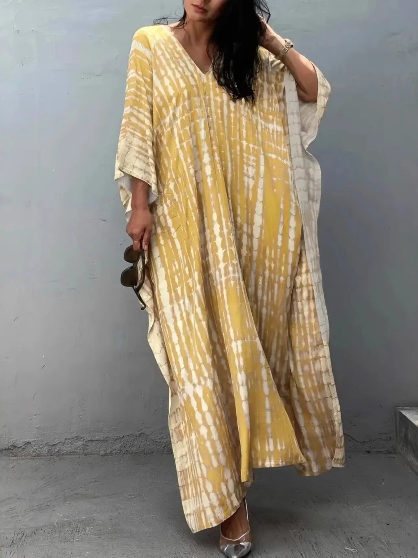 Tie-Dye V-Neck Maxi Dress with Flowy Sleeves