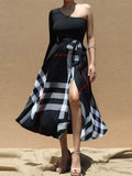 Asymmetrical One-Sleeve Plaid Midi Dress with Waist Tie
