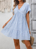 Plaid V-Neck Ruffle Hem Mini Dress