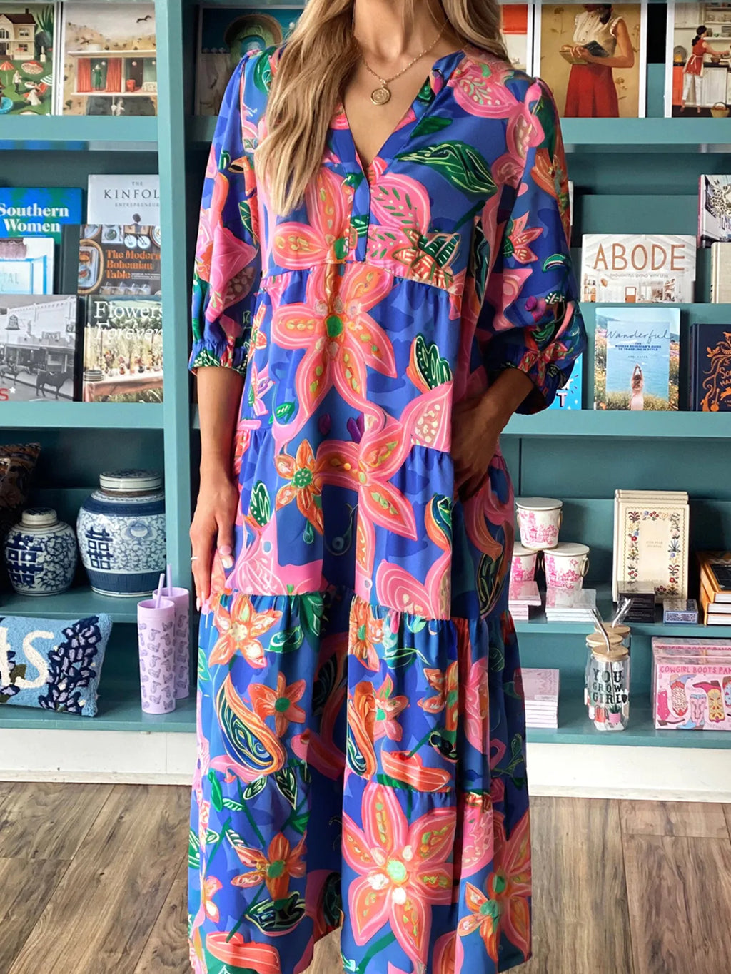 Floral Print 3/4 Sleeve V Neck Tiered Dress