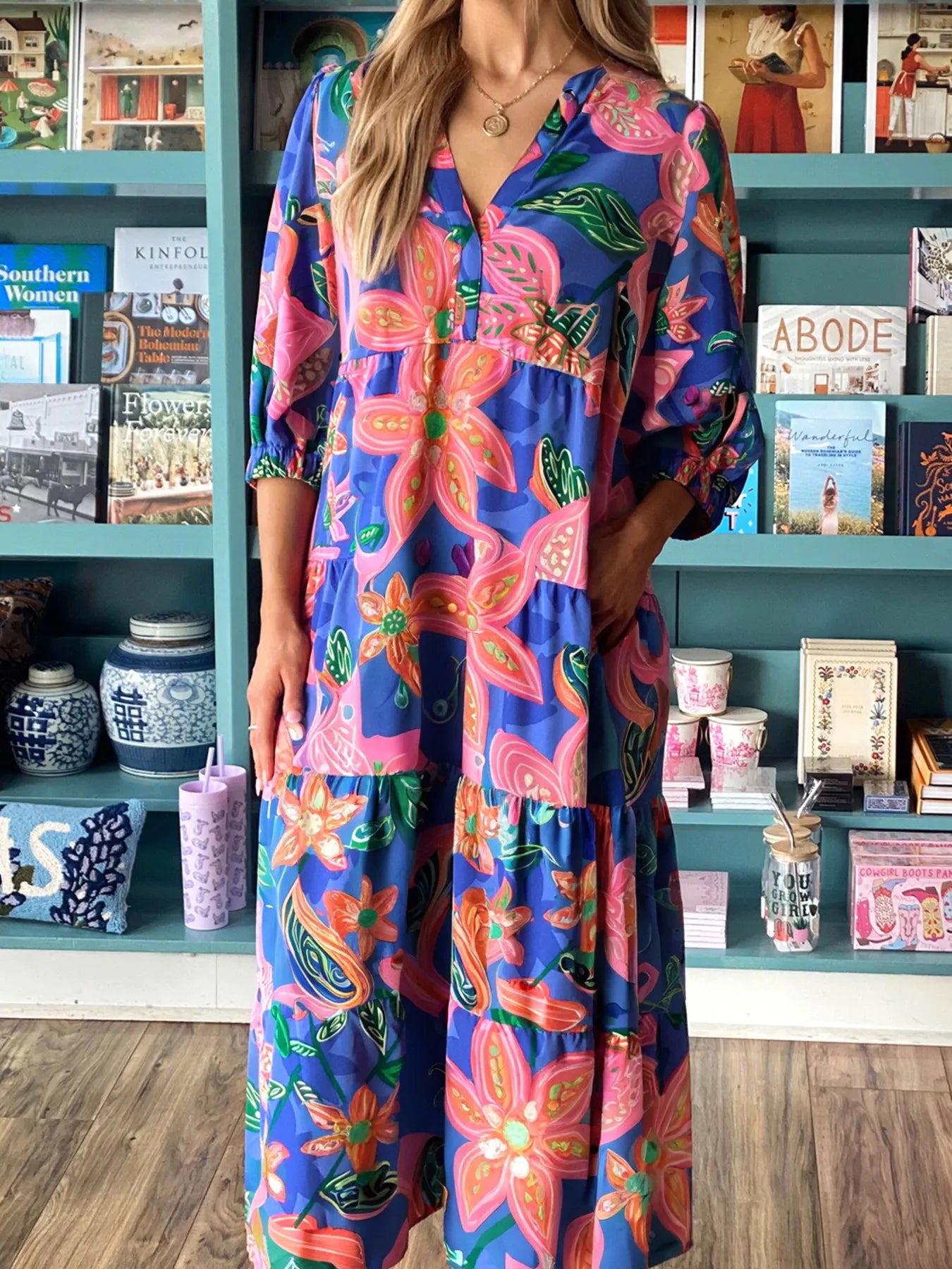 Floral Print 3/4 Sleeve V Neck Tiered Dress