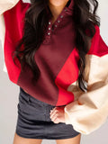 Color Block Patchwork Snap Button Oversize Hoodie