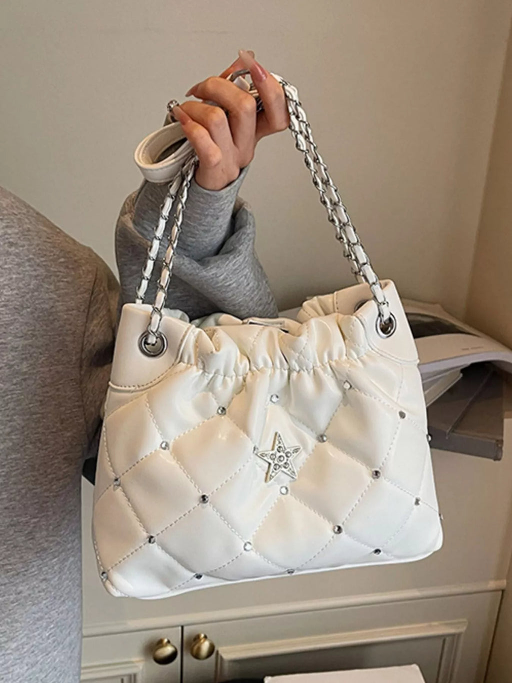 Quilted Rhinestone Star Decor Shoulder Bag